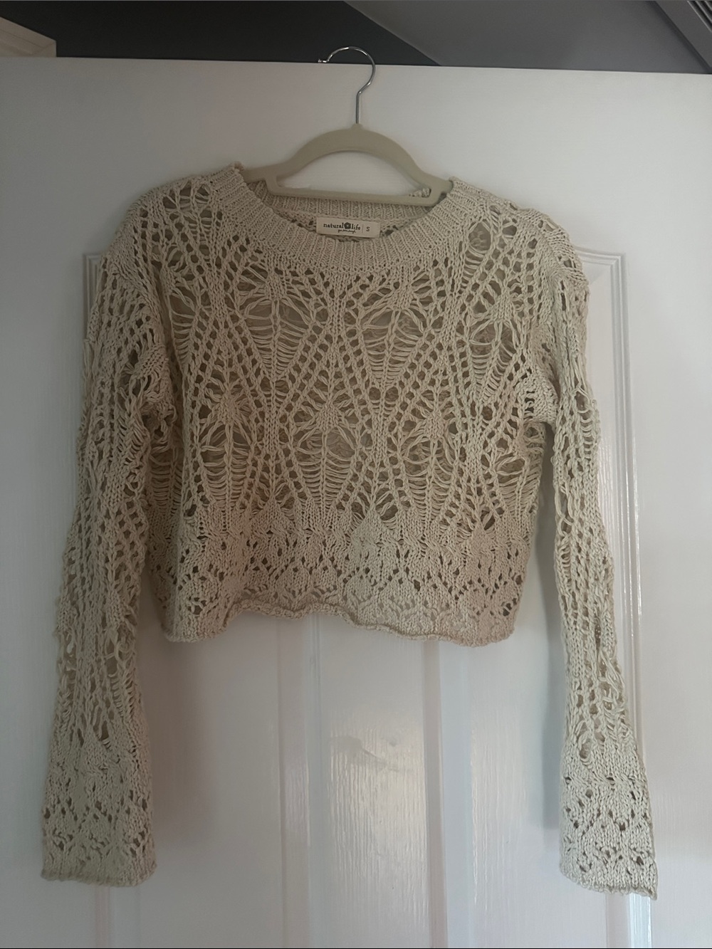 NATURAL LIFE Crochet Openwork Crewneck Sweater in Cream